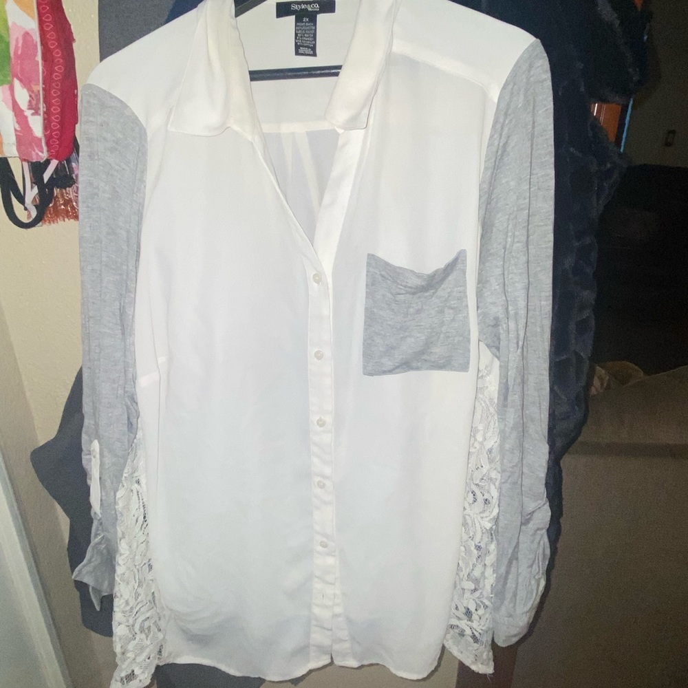 Sheer White and Lace Button Up Long Sleeve